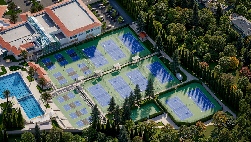 Rendering showcasing the outdoor pickleball and tennis courts at Life Time Arden club location