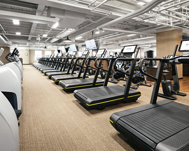 A carpeted fitness floor with rows of treadmills and other cardio equipment