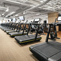 A carpeted fitness floor with rows of treadmills and other cardio equipment
