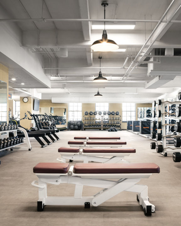 A brightly lit Life Time fitness floor with rows of hand weights, racked barbells and weight benches