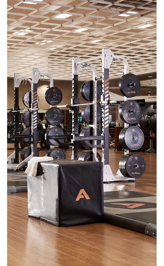 Squat racks and plyometric boxes at a finess center