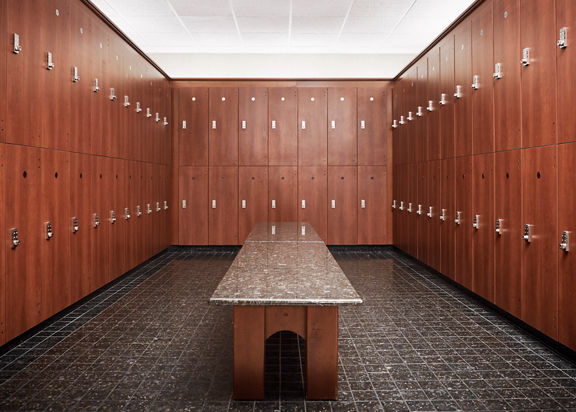 Bay of lockers in a locker room at Life Time