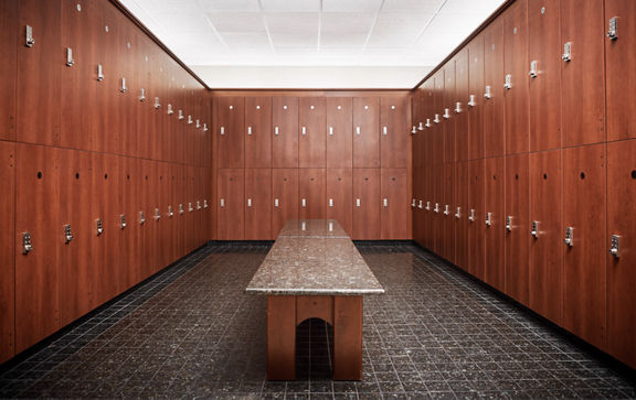 Bay of lockers in a locker room at Life Time