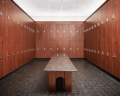 Bay of lockers in a locker room at Life Time