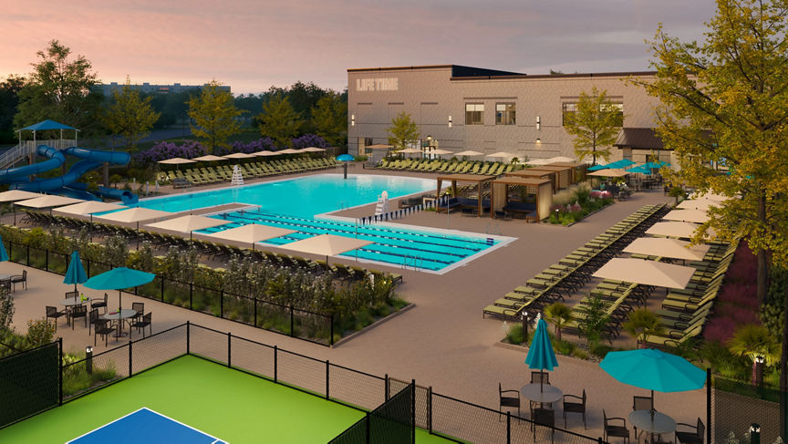 Exterior of Life Time Building with pools and courts