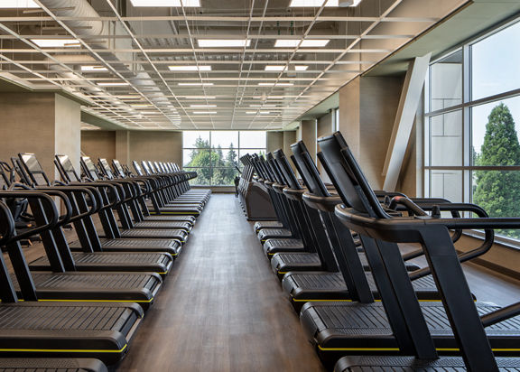 Rows of uniformly placed treadmills on the fitness floor at Life Time