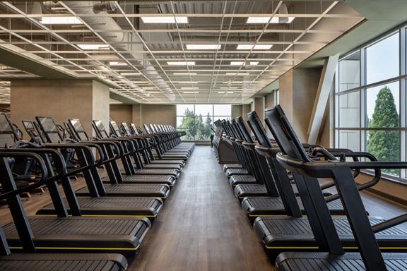 Rows of uniformly placed treadmills on the fitness floor at Life Time