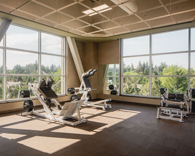 strength training machines in a brightly lit corner of a workout center