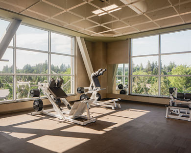 strength training machines in a brightly lit corner of a workout center