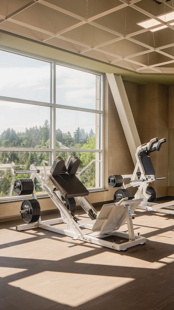 strength training machines in a brightly lit corner of a workout center