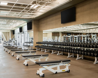 Weight benches on the fitness floor at Life Time