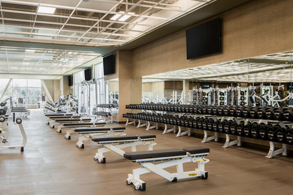 Weight benches on the fitness floor at Life Time