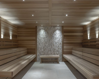 Wood and tiled dry sauna at Life Time