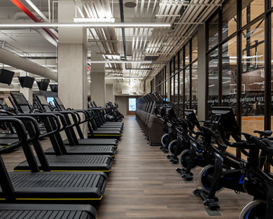 Stationary bikes, treadmills and stairclimbers on the fitness floor at the Life Time Dumbo club location