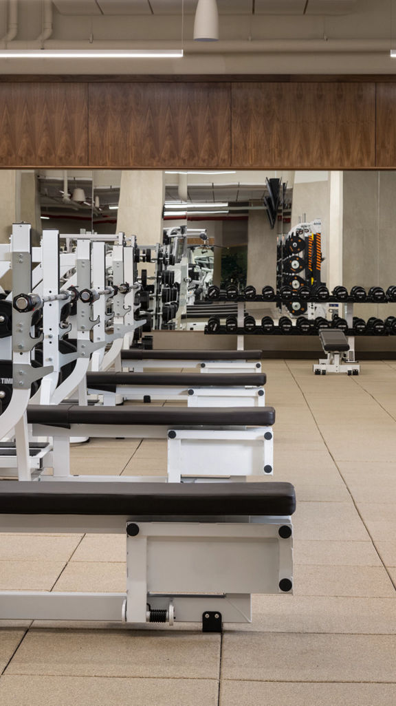 Weight benches and free weights on the fitness floor at Life Time