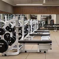 Weight benches and free weights on the fitness floor at Life Time