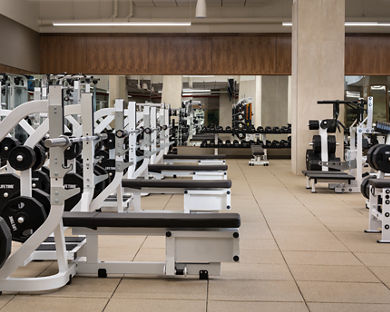 Weight benches and free weights on the fitness floor at Life Time