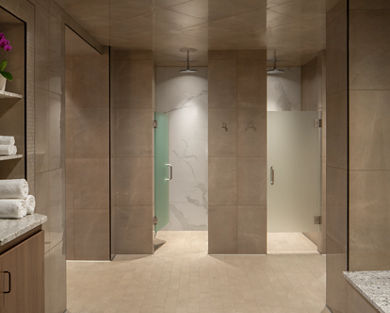 A shower area in the Life Time locker rooms