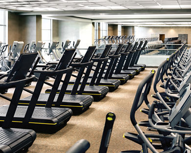 Rows of cardio equipment on the fitness floor at Life Time