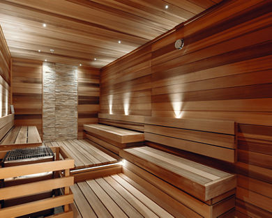 Brightly lit sauna at Life Time