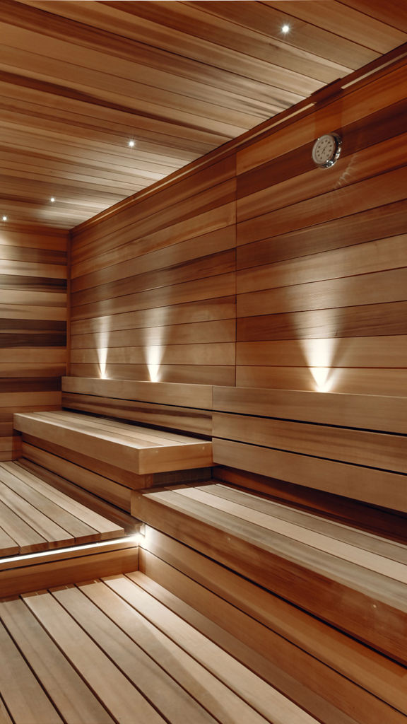 Brightly lit sauna at Life Time