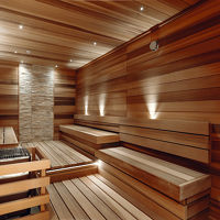 Brightly lit sauna at Life Time