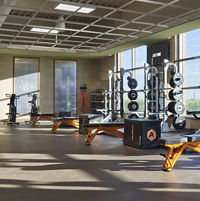 An Alpha training area with squat racks and stationary bikes