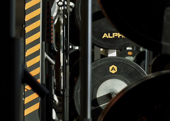 A close up of the weights on an Alpha squat rack