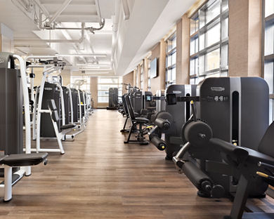 Strength equipment on the fitness floor at Life Time