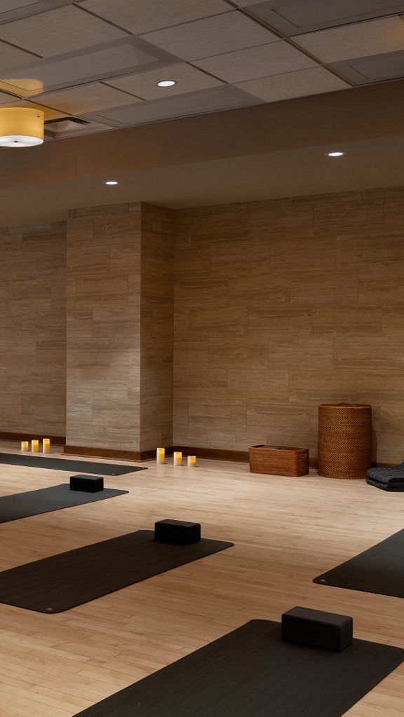 A warmly lit yoga studio with yoga mats