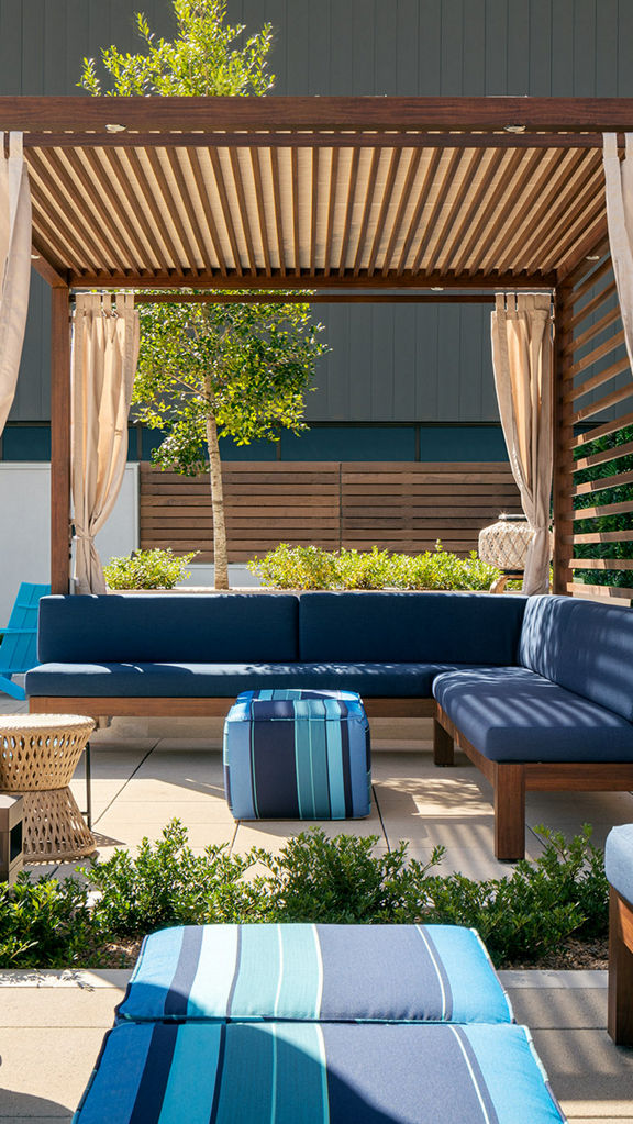 Cabana area with seating and overhead shading