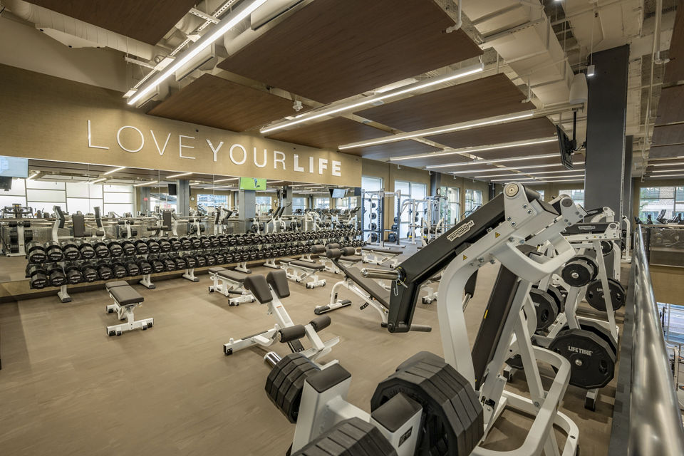 Free weight area with many weight lifting options at Life Time