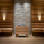 A warm wood and stone sauna interior
