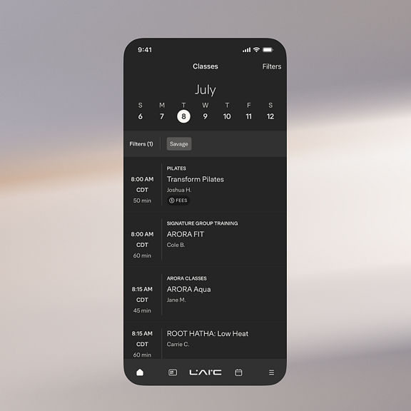 life time app shoing the schedule at a club
