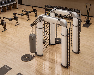 Overhead view of an Outrace machine on the fitness floor at Life Time