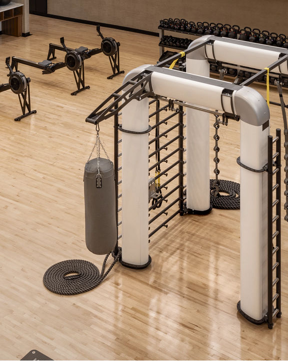 Overhead view of an Outrace machine on the fitness floor at Life Time