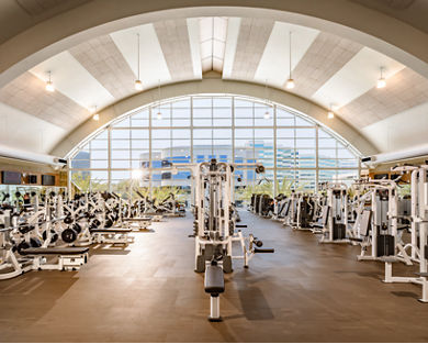 Brightly lit fitness floor at Life Time