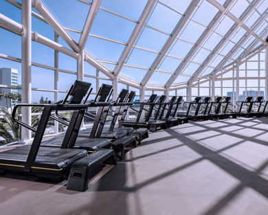 Treadmills lined up on the fitness floor at the Life Time Lakeshore Irvine club location