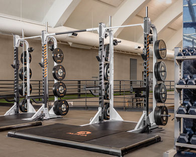 Alpha weight racks on the fitness floor at Life Time