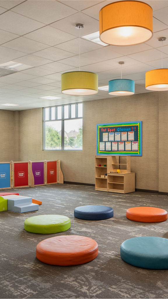 A colorful child care area with toys and foam seating