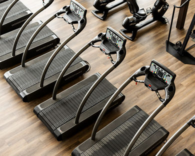 Overhead view of treadmills on the fitness floor at Life Time