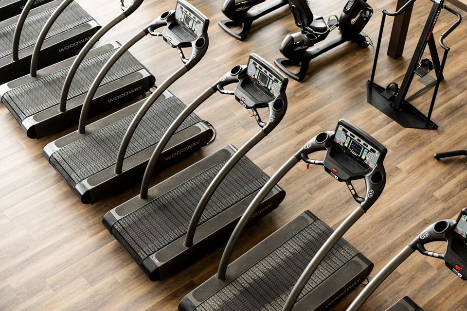 Overhead view of treadmills on the fitness floor at Life Time