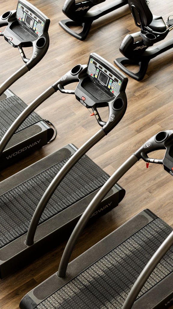 Overhead view of treadmills on the fitness floor at Life Time