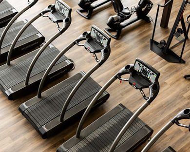 Overhead view of treadmills on the fitness floor at Life Time