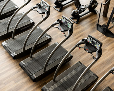 Overhead view of treadmills on the fitness floor at Life Time