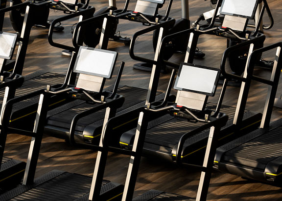 Overhead view of treadmills on the fitness floor at Life Time