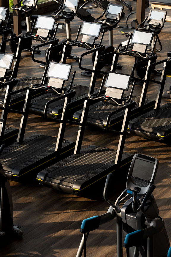 Overhead view of treadmills on the fitness floor at Life Time