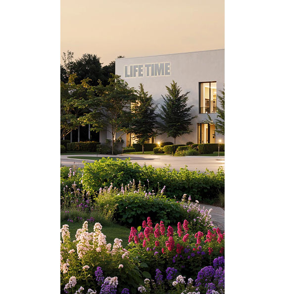 The exterior of Life Time North Druid Hills at dusk