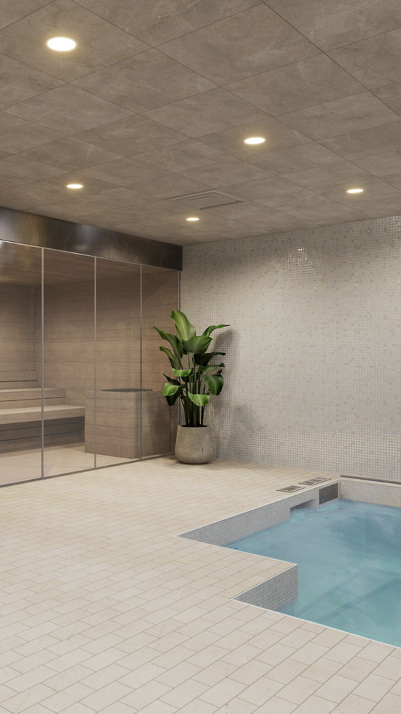 Illustration depicting the indoor whirlpool, steam room and sauna at One Wall Life Time club location