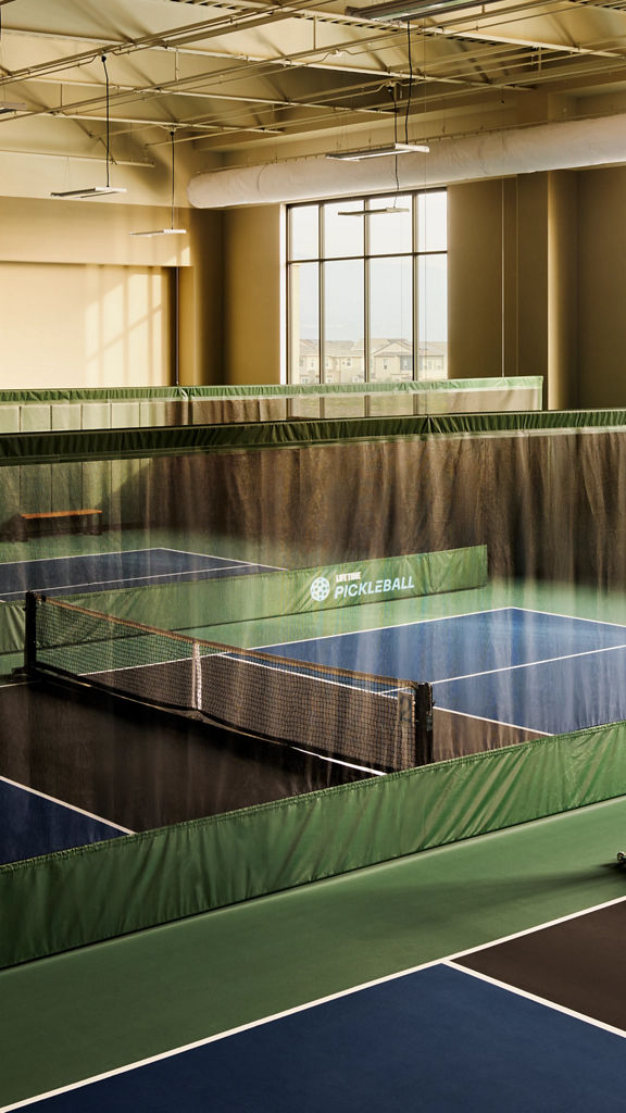 3 indoor pickleball courts in a brightly lit gymnasium